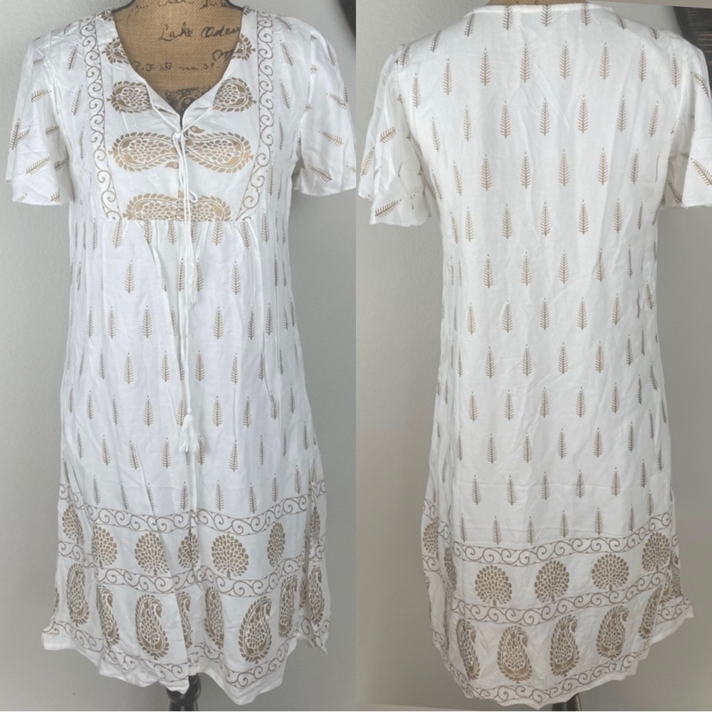 NWOT Bohemian White and Gold Summer Dress